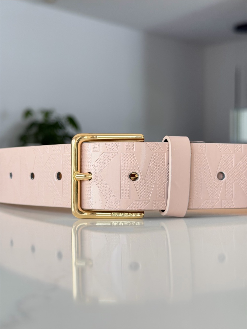Michael Kors Pale Pink Embossed Leather Belt with Gold Buckle